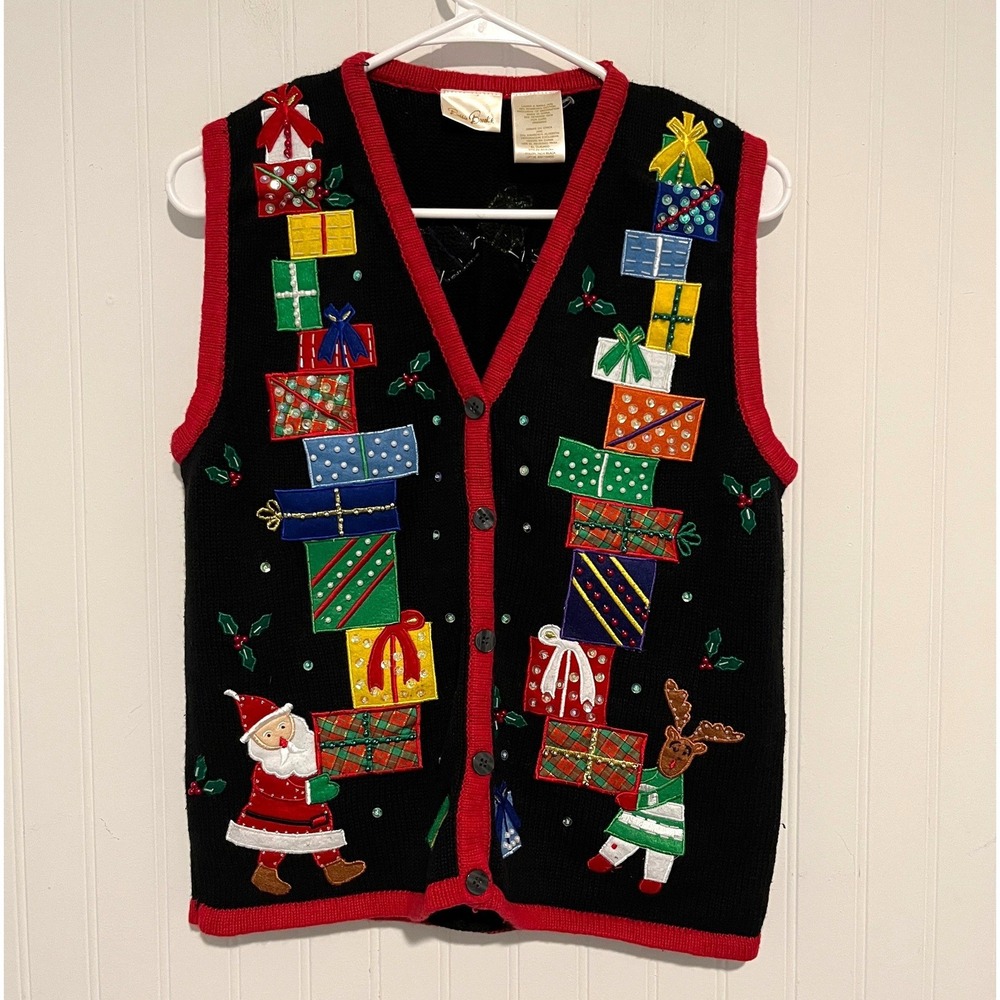 Vintage Bobbie Brooks Sweater Vest Women S Black Ugly Christmas Santa Reindeer